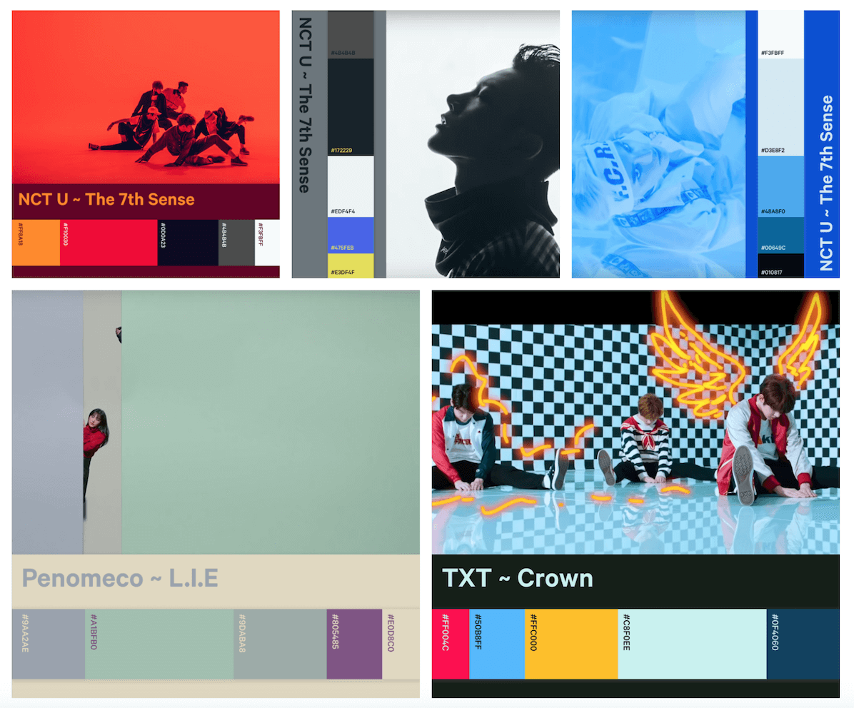 A collection of colour palettes showcased against a screenshot from the kpop music video that inspired them.