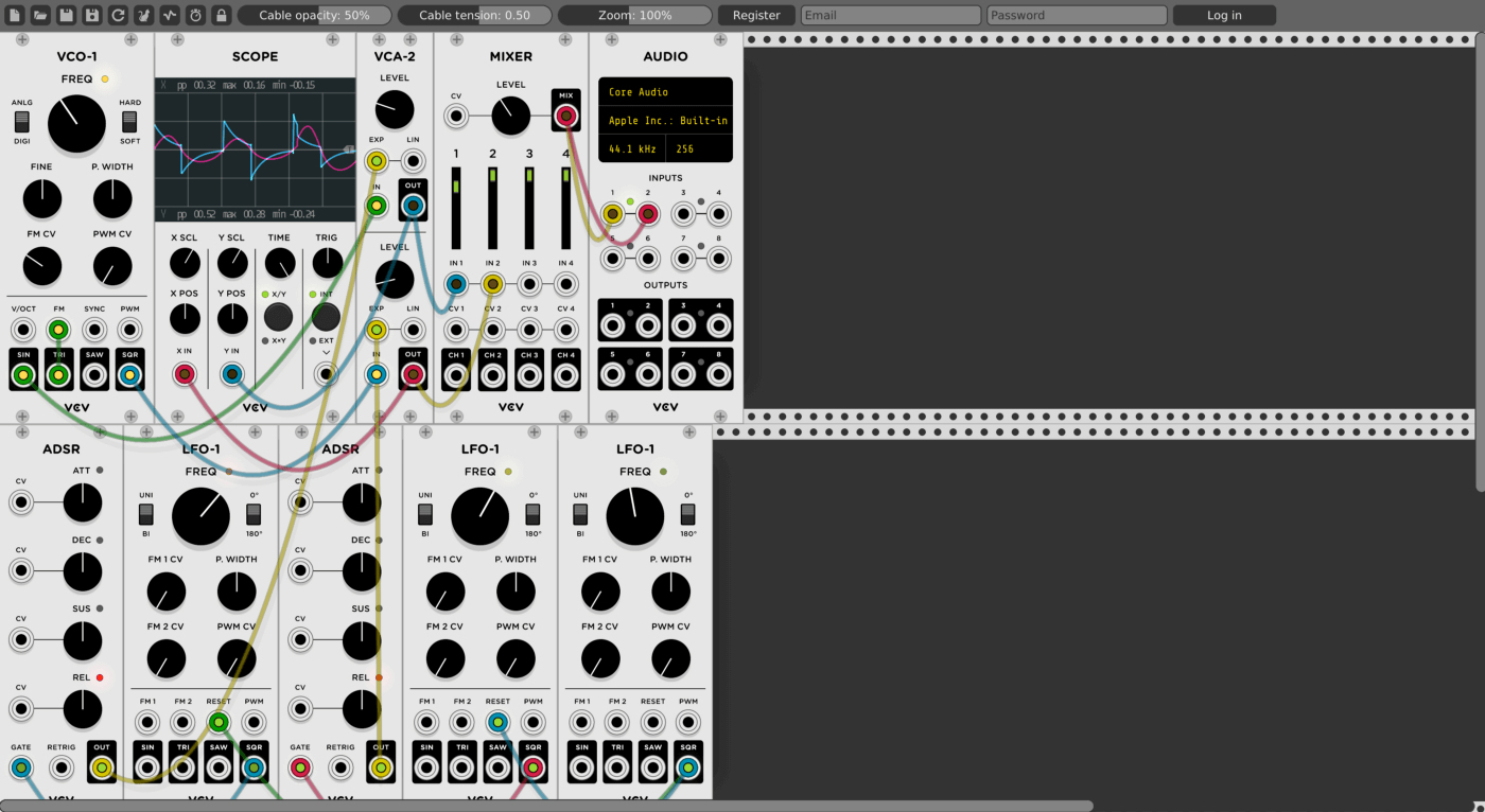 A digital modular synth made in Rack.