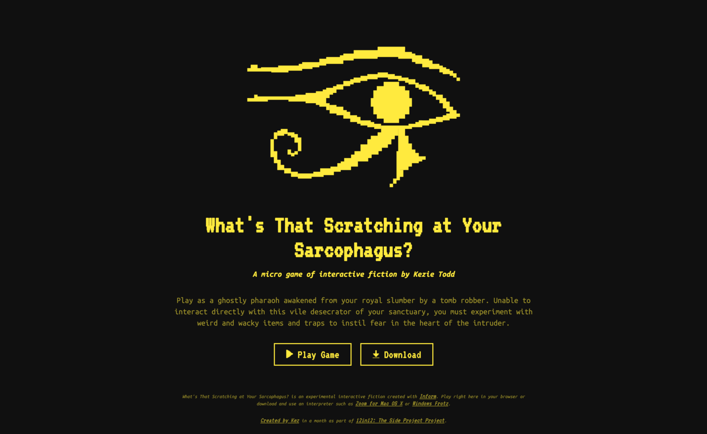 A black and yellow, pixelated hieroglyph-style eye on the landing page for What's That Scratching at Your Sarcophagus.