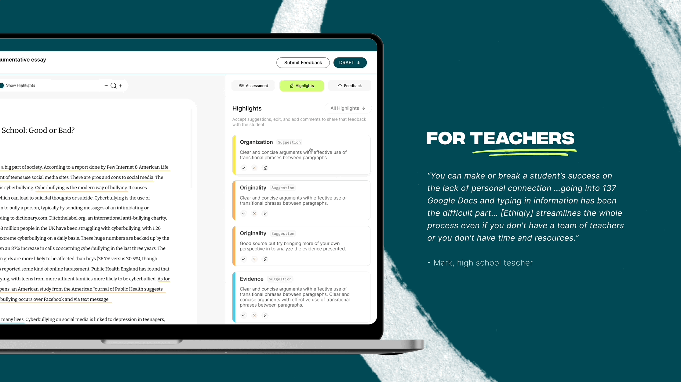 A screenrecording of the AI suggestions feature for teachers in Ethiqly.
