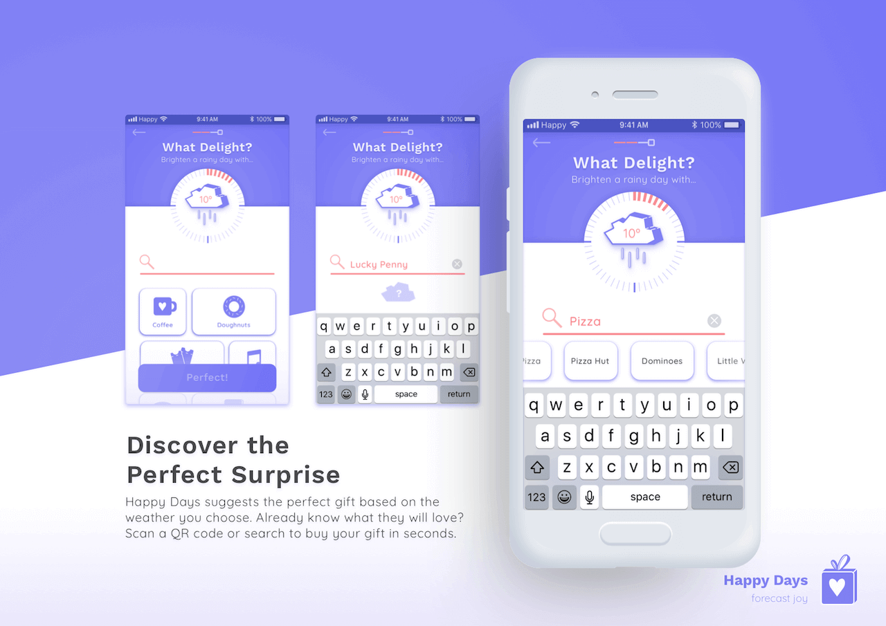 Screenshots from Happy Days illustrating how the app suggests the perfect gift based on the weather you choose.