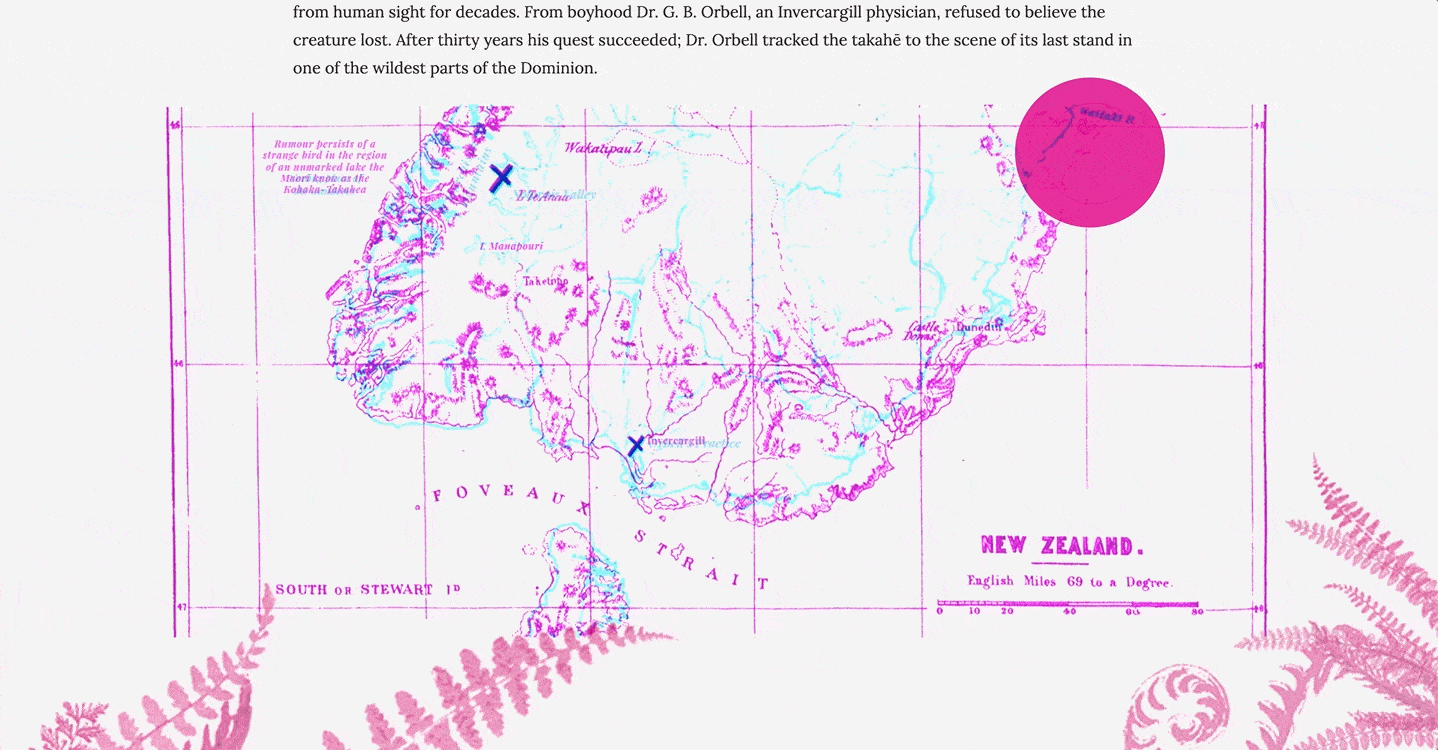 An overlaid map of New Zealand, revealing key sites from the story under a pink lens.